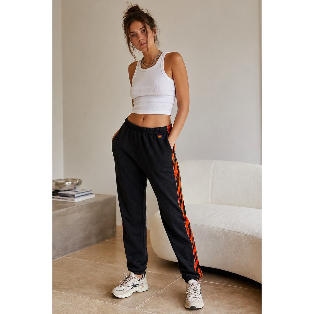 Aviator Nation Velvet Tiger Stripe Sweatpants Black Orange Joggers Size XS